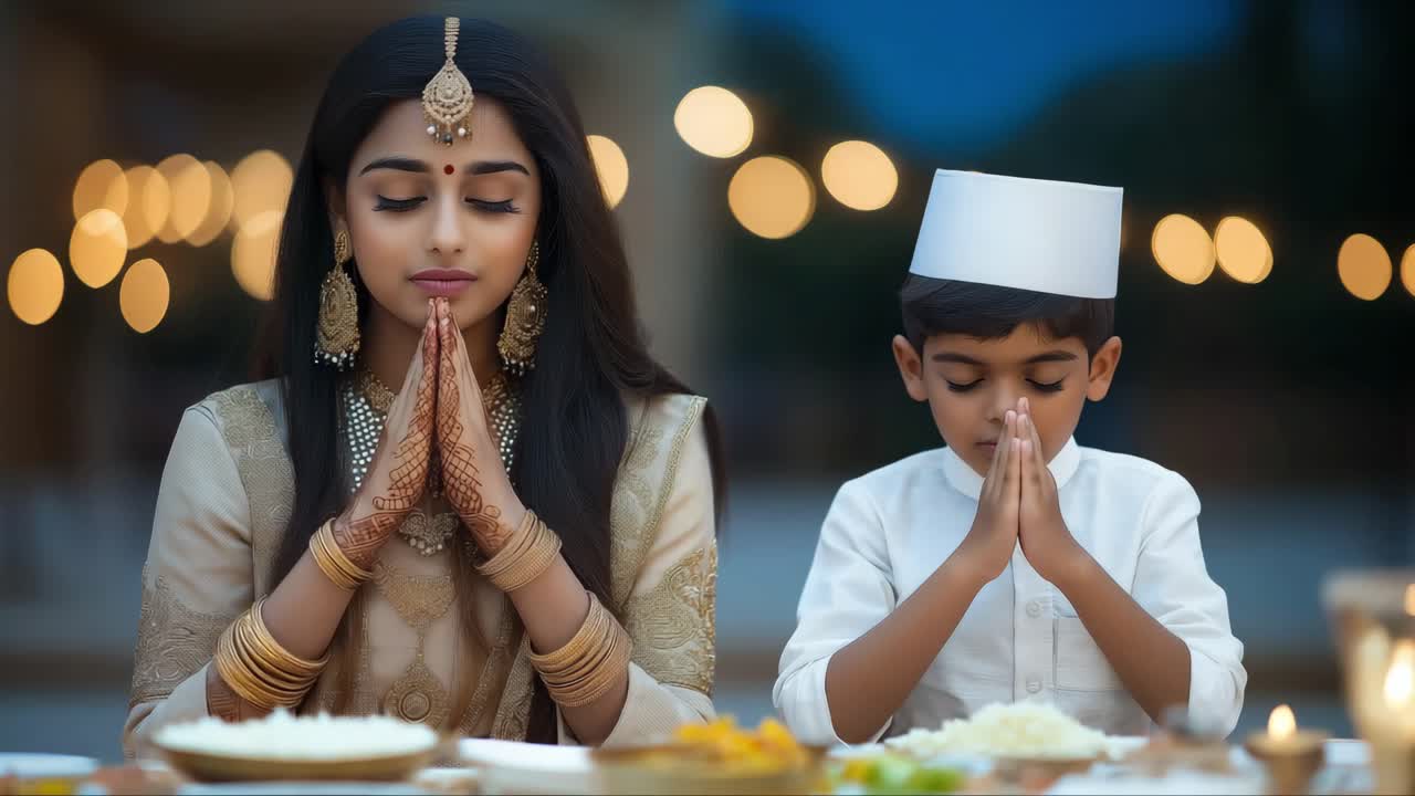 Woman and boy in traditional clothing, with hands clasped in prayer, create a peaceful ambiance around a beautifully set meal, showcasing cultural reverence and connection