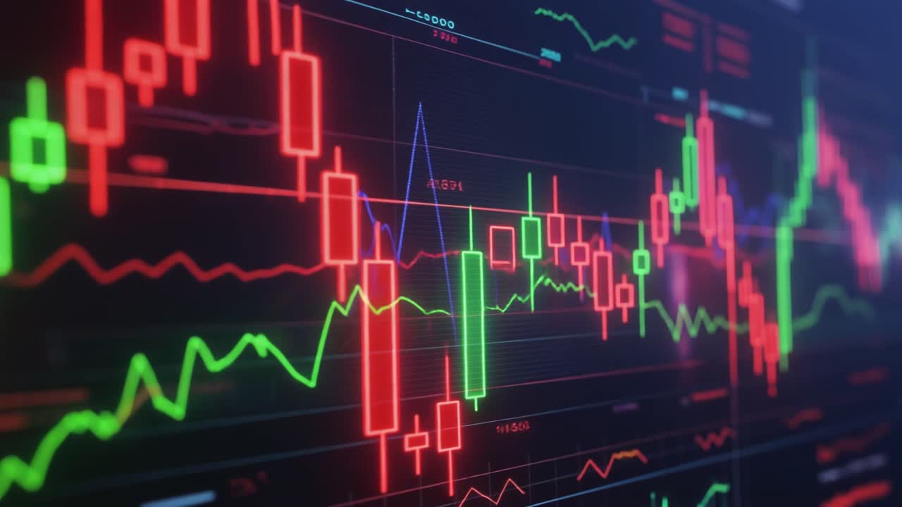 Grafico finanziario a candele animato che mostra le fluttuazioni dei dati di mercato
