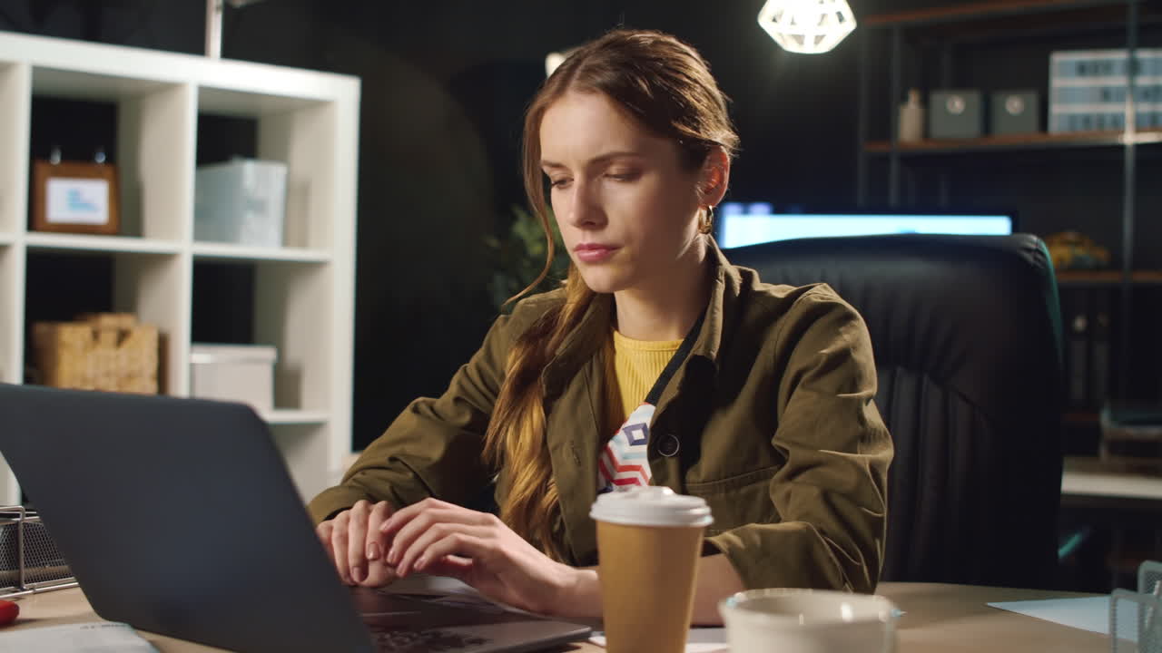 Donna d'affari pensierosa che legge un messaggio al computer in uno spazio di lavoro buio.