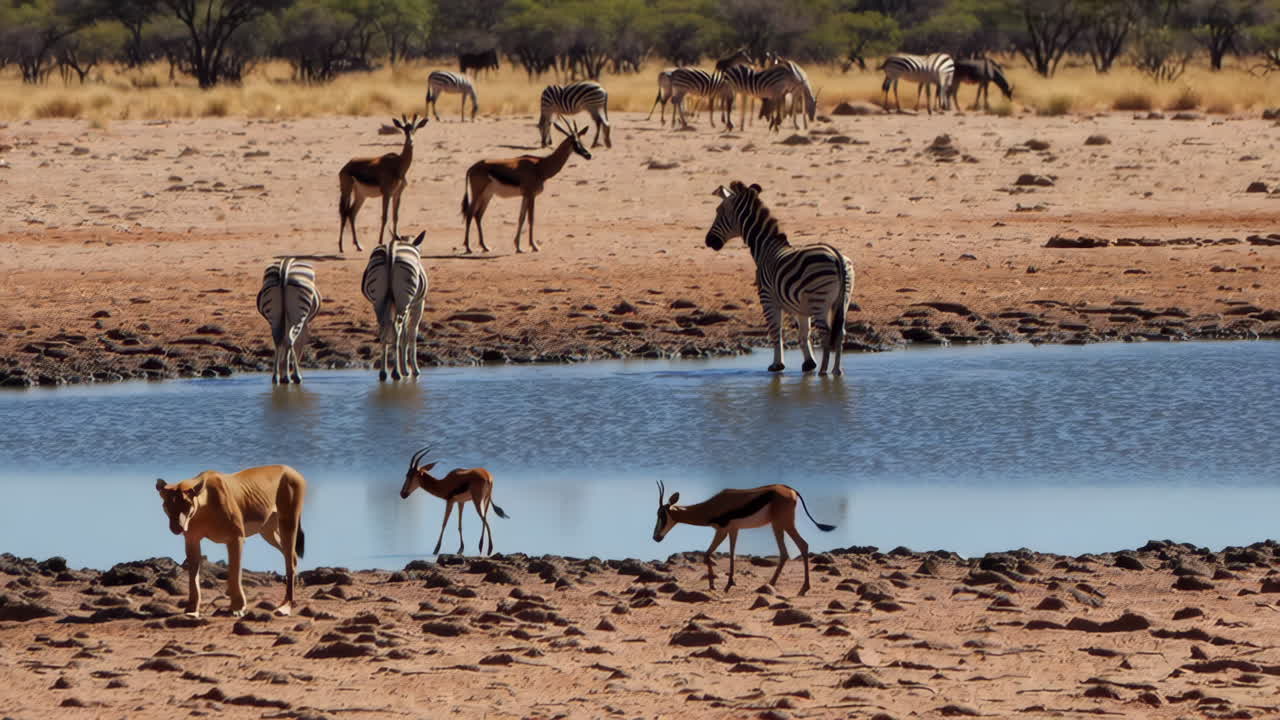 Zebras and Springboks at a Waterhole in Namibia