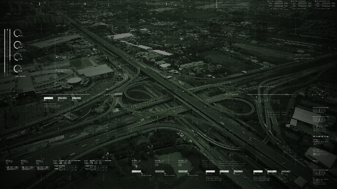 vista satelital hud futurista de la vigilancia del tráfico en cruces de autopistas ocupados que rastrean y monitorean el tráfico de la carretera para un posible vehículo objetivo
