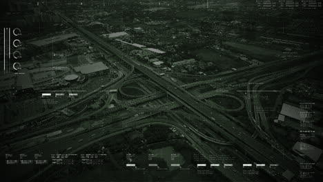 futuristic hud satellite view of traffic surveillance on a busy expressway junctions tracking and monitoring highway traffic for possible target vehicle