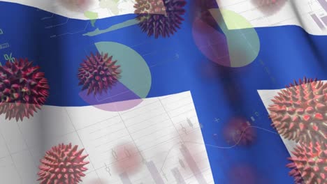 macro corona virus spreading with finnish flag billowing in the background