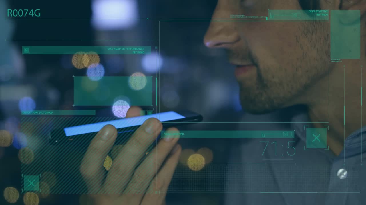 Animation of data processing over caucasian men using smartphone