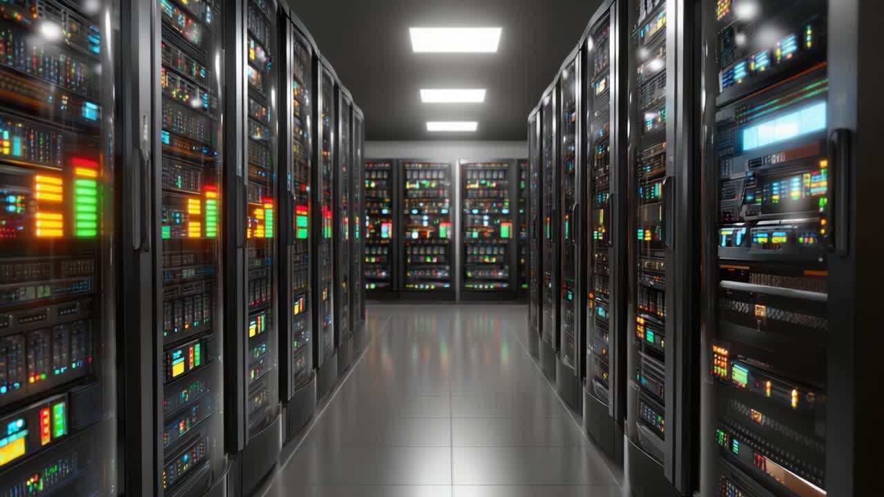 A Glimpse Into a Modern Data Center: High-Technological Server Racks Filled with Vibrant LED Displays, Showcasing the Cutting-Edge Infrastructure of Digital Storage and Processing