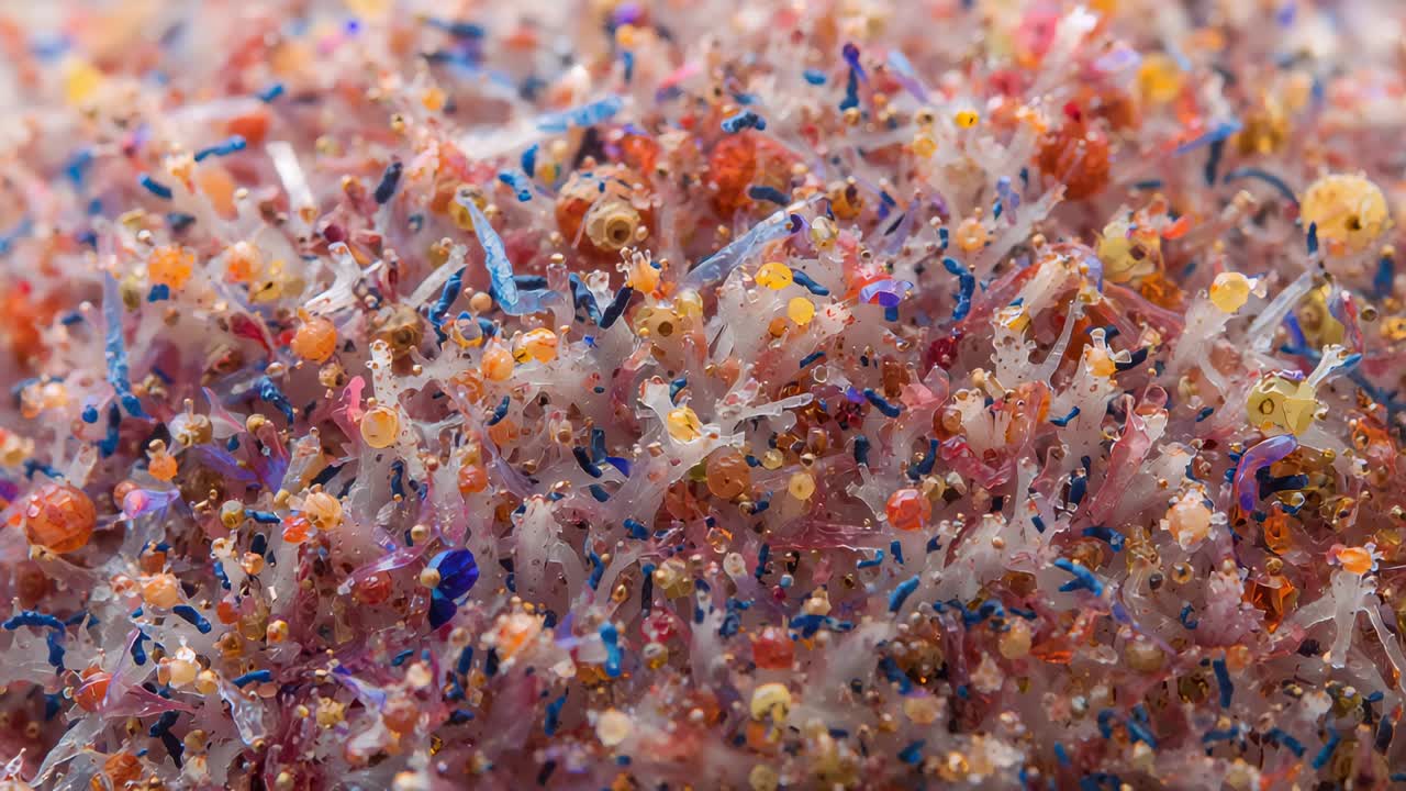 Spostamento della messa a fuoco della micro camera che rivela una fitta patch di filamenti su uno studio macro, esponendo glitter perlati