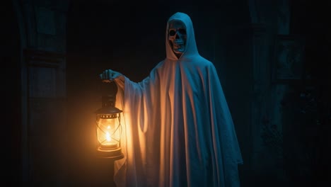 a mysterious ghostly figure holding a lantern illuminates a dark, eerie setting, creating an atmosphere of suspense and intrigue in a haunting scene