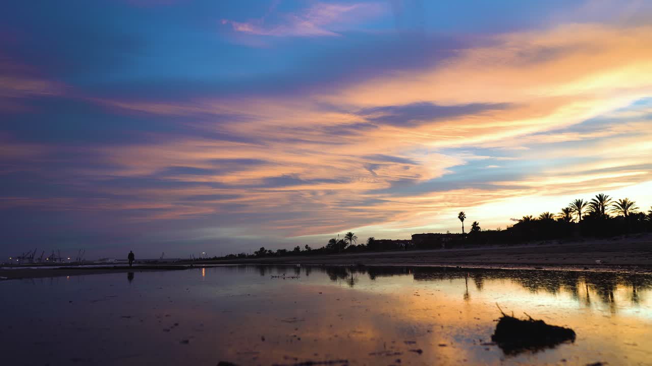 The silhouette of a man who walks calmly along the water in a beautiful sunset, the figure is reflected on the water of a lake located on the beach with a sky of orange, yellow and blue colors