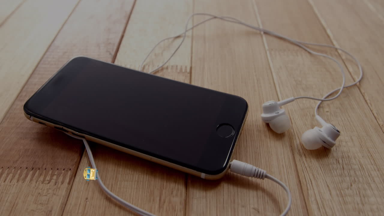 헤드폰을 가진 스마트폰에서 버스 아이콘의 애니메이션