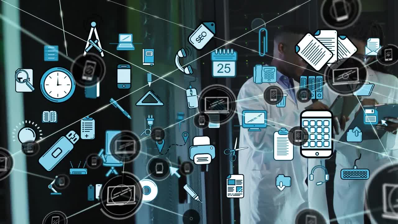 animación de la red de conexiones con iconos sobre diversos científicos con computadora portátil.