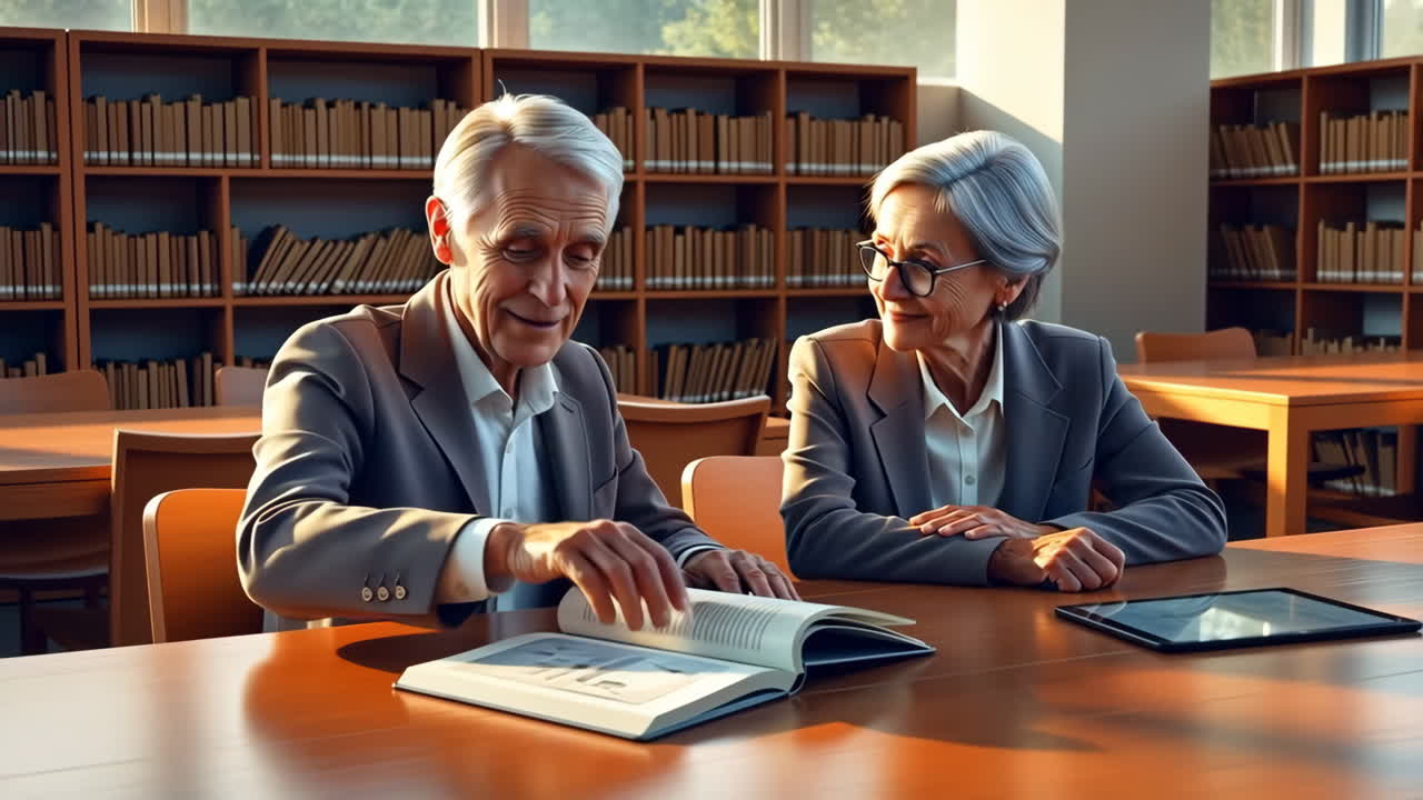 Elderly couple reading together in a library