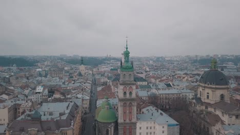 Aerial-City-Lviv,-Ukraine.-European-City.-Popular-areas-of-the-city.-Dominican