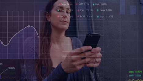 animación de múltiples gráficos y tableros de negociación, mujer caucásica sentada y usando teléfono inteligente