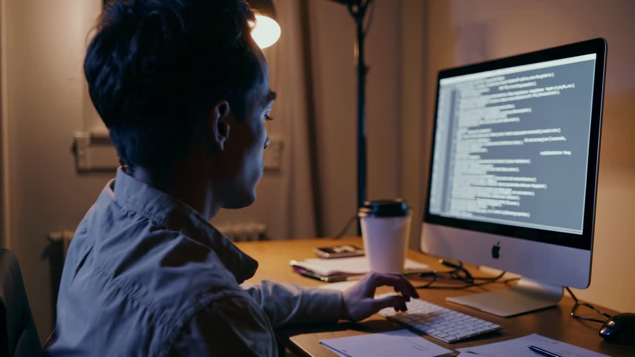 A video of a programmer working late at night, captured from a side angle