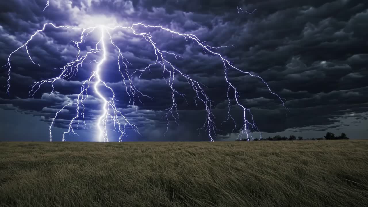 Dramatic landscape video concept with a low-angle view of a stormy sky and lightning bolts