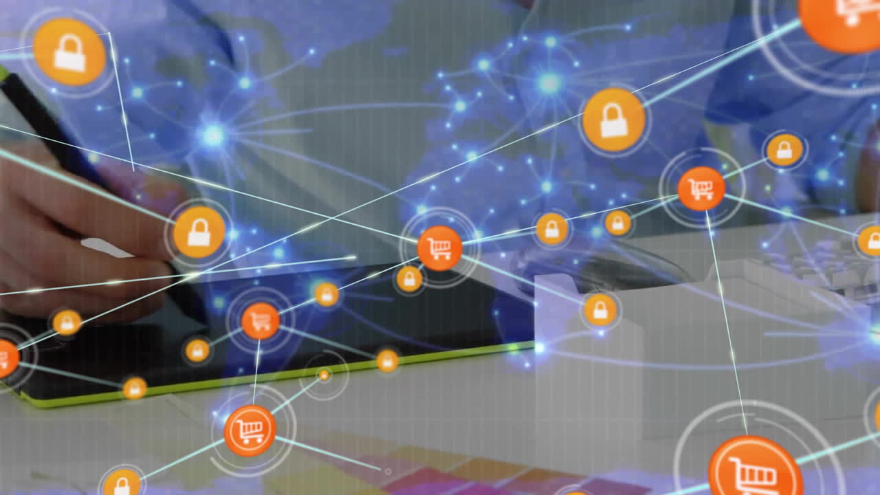 animación de la red de conexiones con iconos sobre empresario caucásico en el cargo