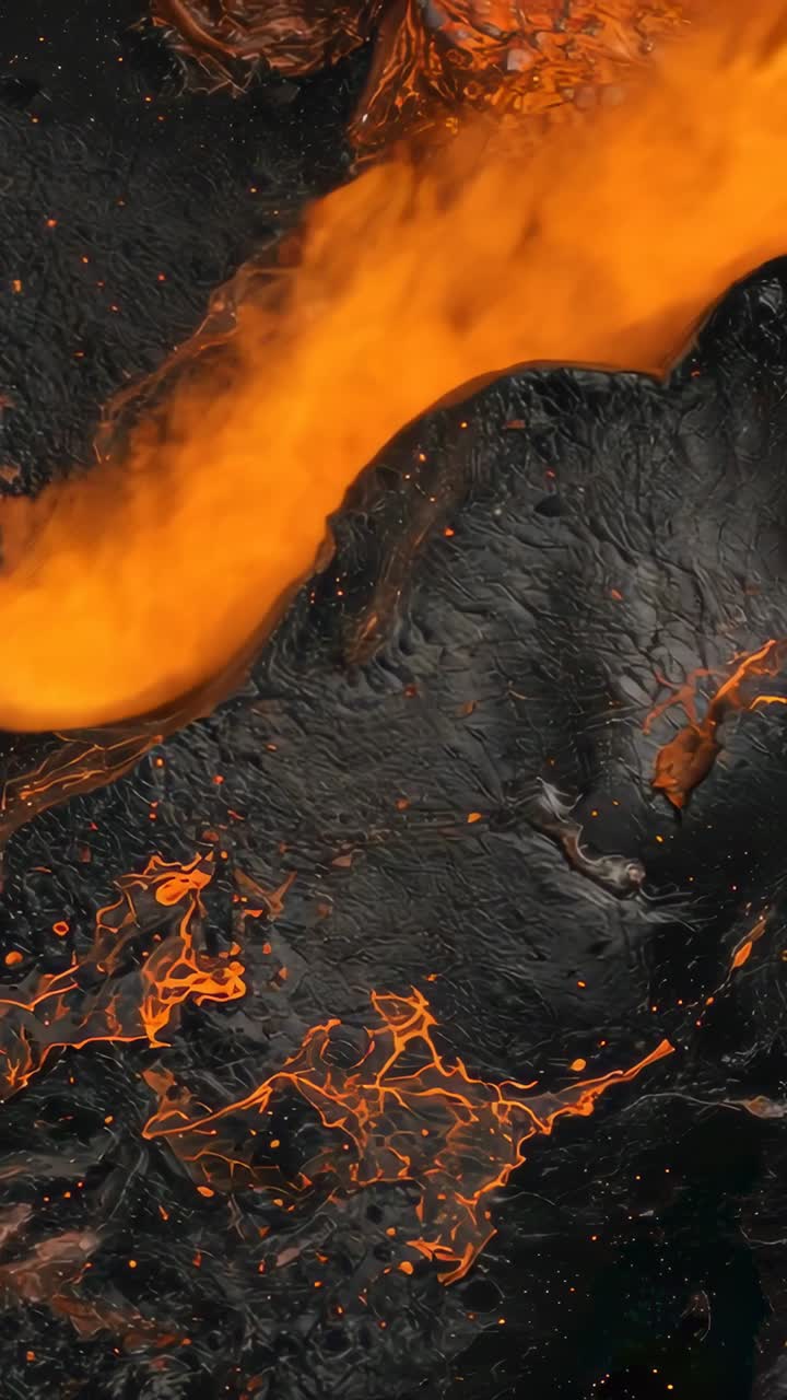 Video verticale: lava incandescente che fuoriesce dalla bocca del canale sopra la crosta raffreddata, sprigionando vapore e braci