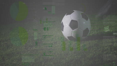 soccer ball on grass with green data processing animation overlay