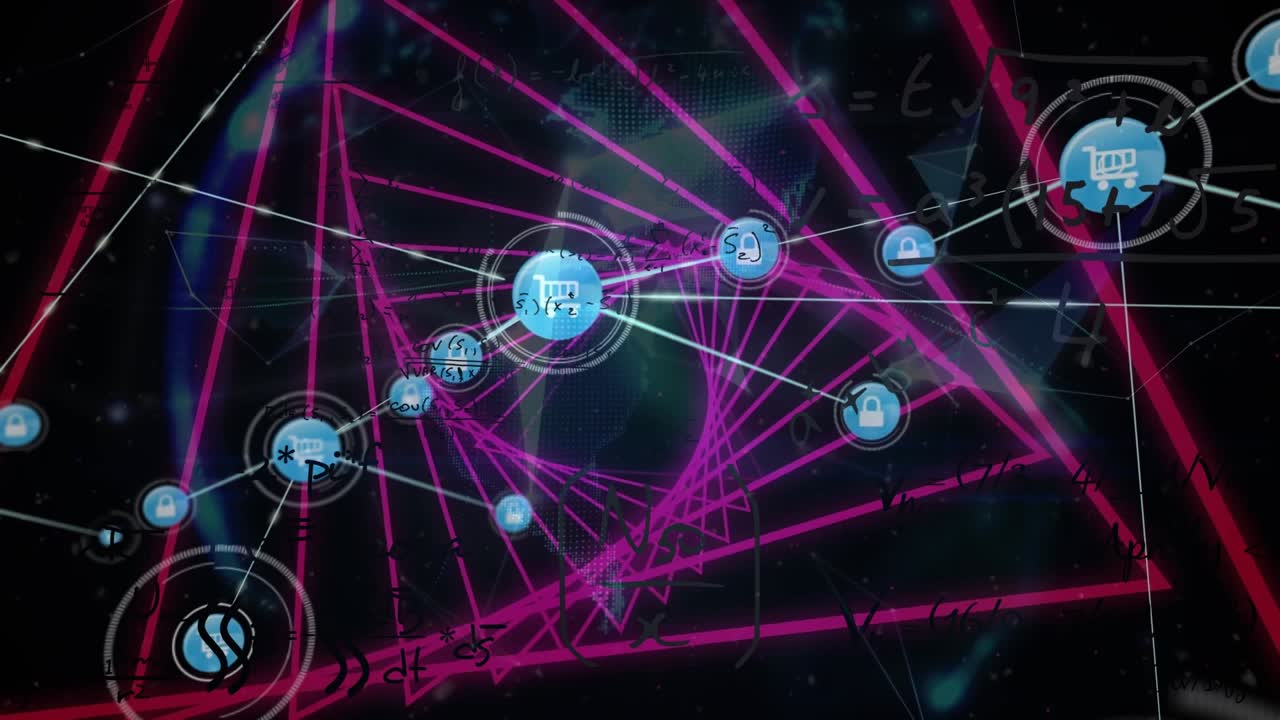 Animation of network of connections over mathematical equations and neon shapes on black background