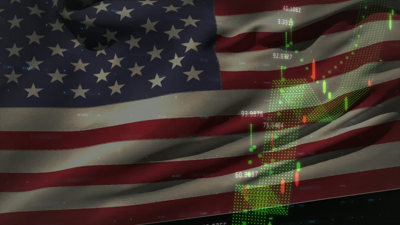 animación de estadísticas y procesamiento de datos financieros sobre la bandera de los estados unidos