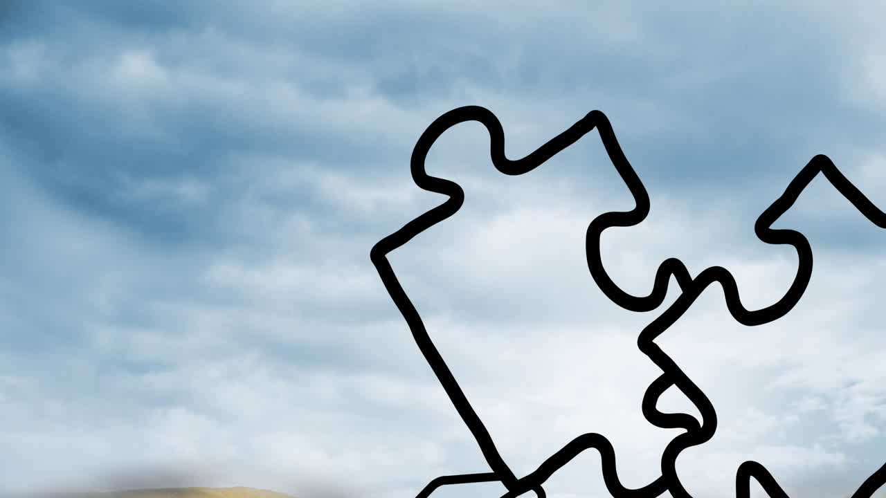 animación de piezas de rompecabezas negras sobre el cielo y las nubes