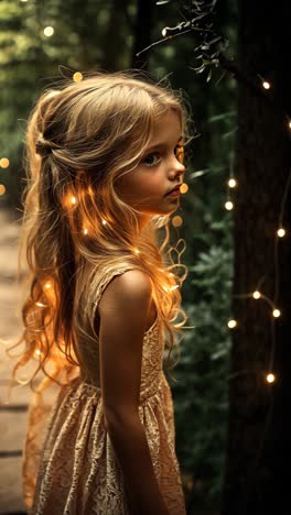 young girl with golden hair surrounded by sparkling lights in forest