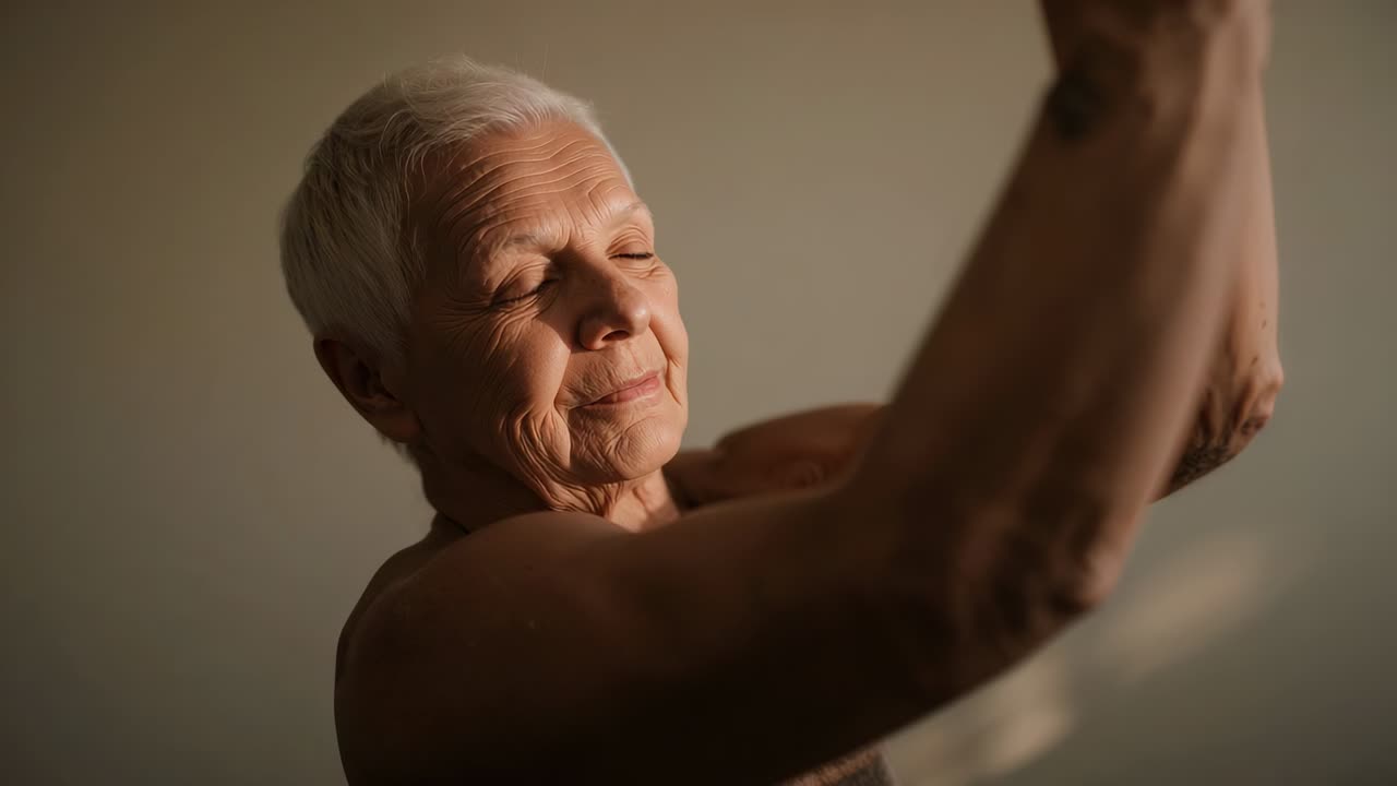 Foto de uma senhora idosa levantando, cruzando e estendendo os braços em um quarto com luz quente, usando uma blusa sem mangas