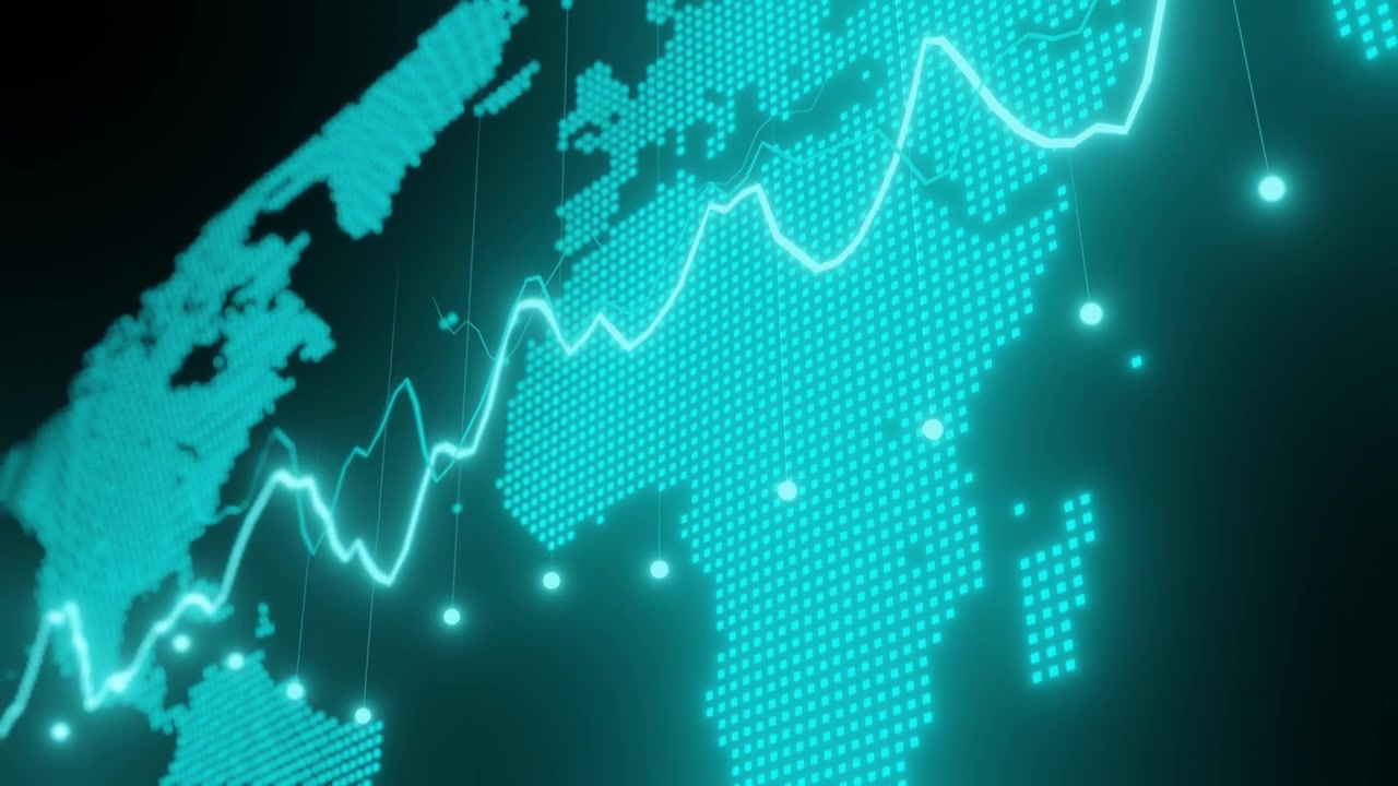 Digital blue world map with glowing points and upward graph line. Abstract macro shot illustrating global financial data and economic trends. Futuristic technology background