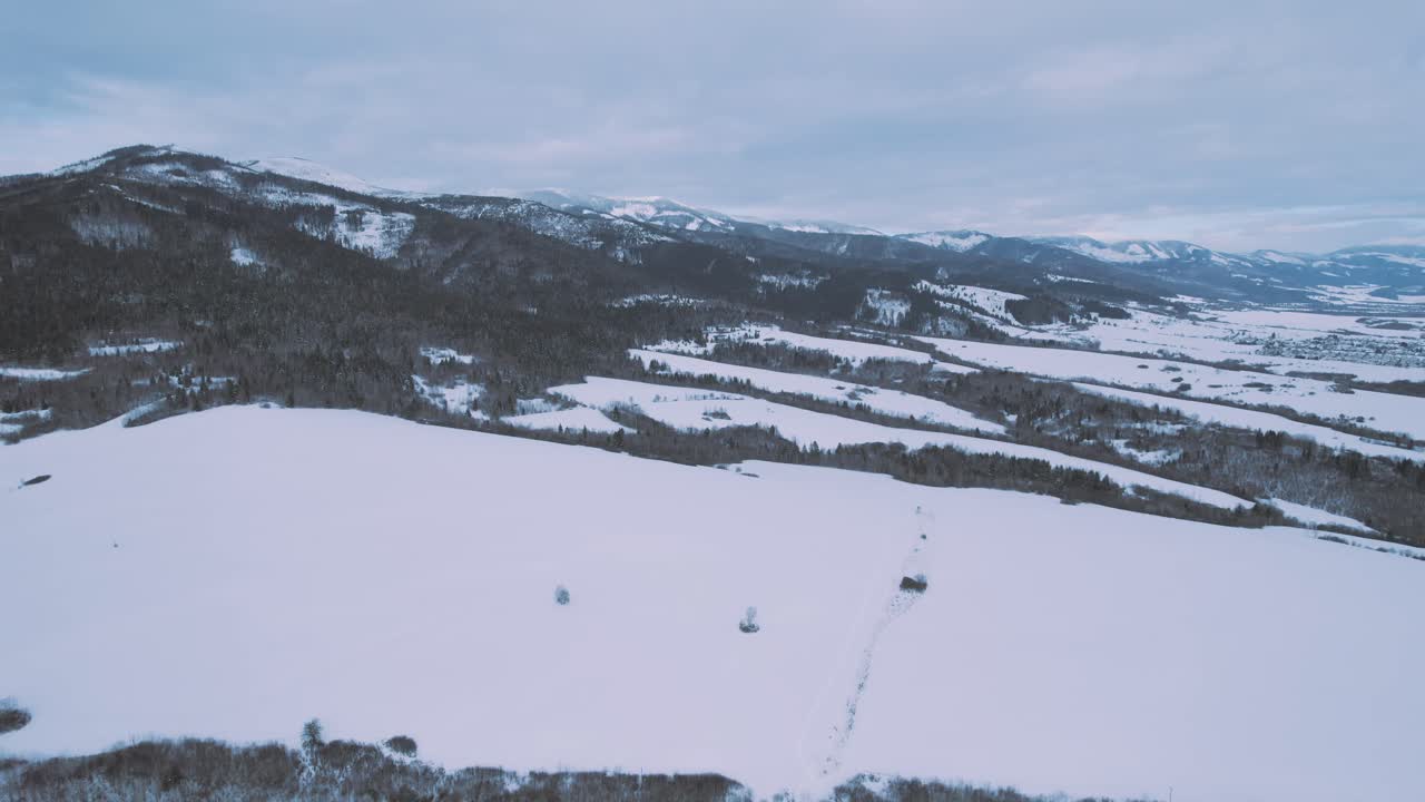 Vista aerea del Parco Nazionale dei Tatra, Slovacchia, paesaggio invernale innevato, meta turistica per attività all'aperto.