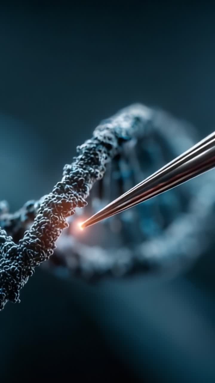 Esplorando le complessità dell'ingegneria genetica: una vista ravvicinata della manipolazione del DNA con strumenti di precisione sotto una lente ad alta definizione