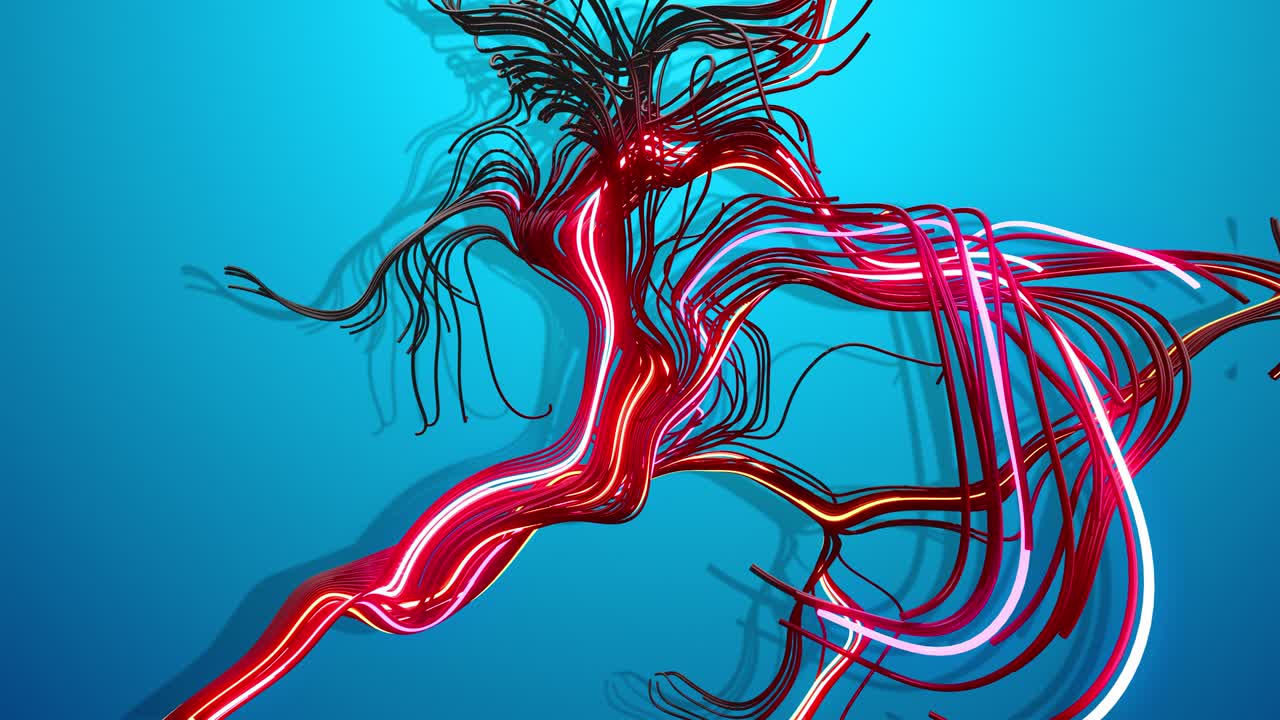 concepto de red neural de computación, inteligencia artificial. 4k abstracto en bucle bg. flash multicolor de líneas curvas. luces de neón como guirnaldas o relámpagos. señales ai. luma mate como canal alfa