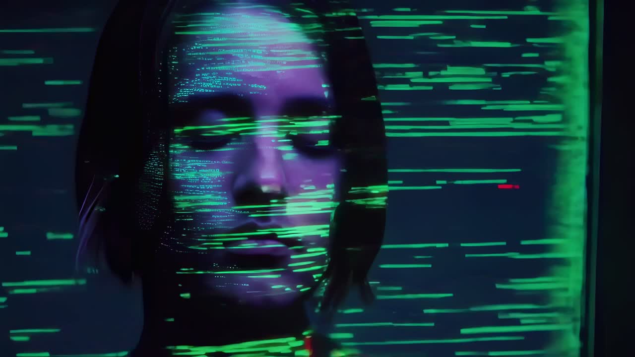 Digital transformation visualized through luminescent code lines traversing female profile, representing technological evolution and human machine convergence