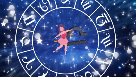 Animation-of-spinning-star-sign-wheel-with-libra-sign-and-stars