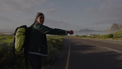 animation of biracial woman walking on road, trying to hitch-hiking