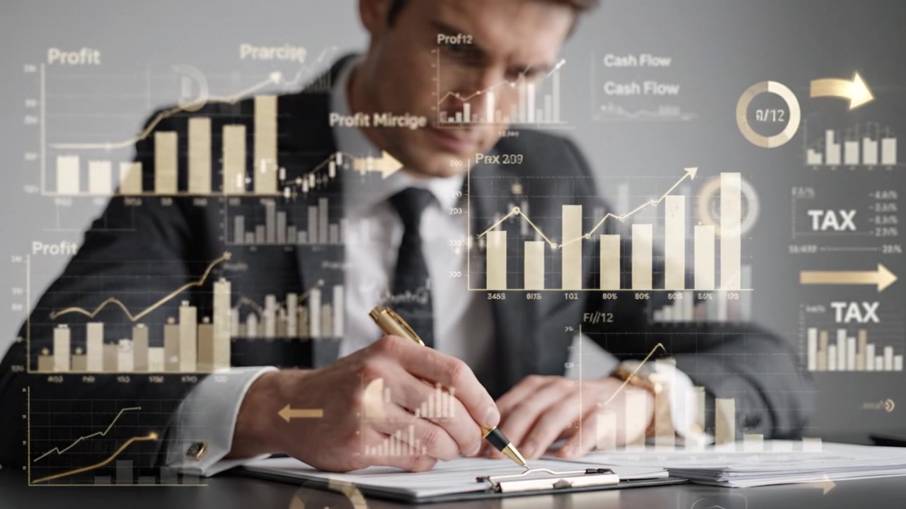 Un professionista in abito concentrato sull'analisi di dati finanziari e grafici, che esamina attentamente documenti mentre prende appunti con una penna in un moderno ambiente d'ufficio.