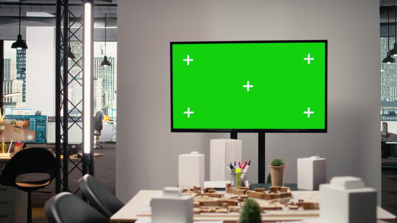 Development and property planning with copy space on TV in empty office
