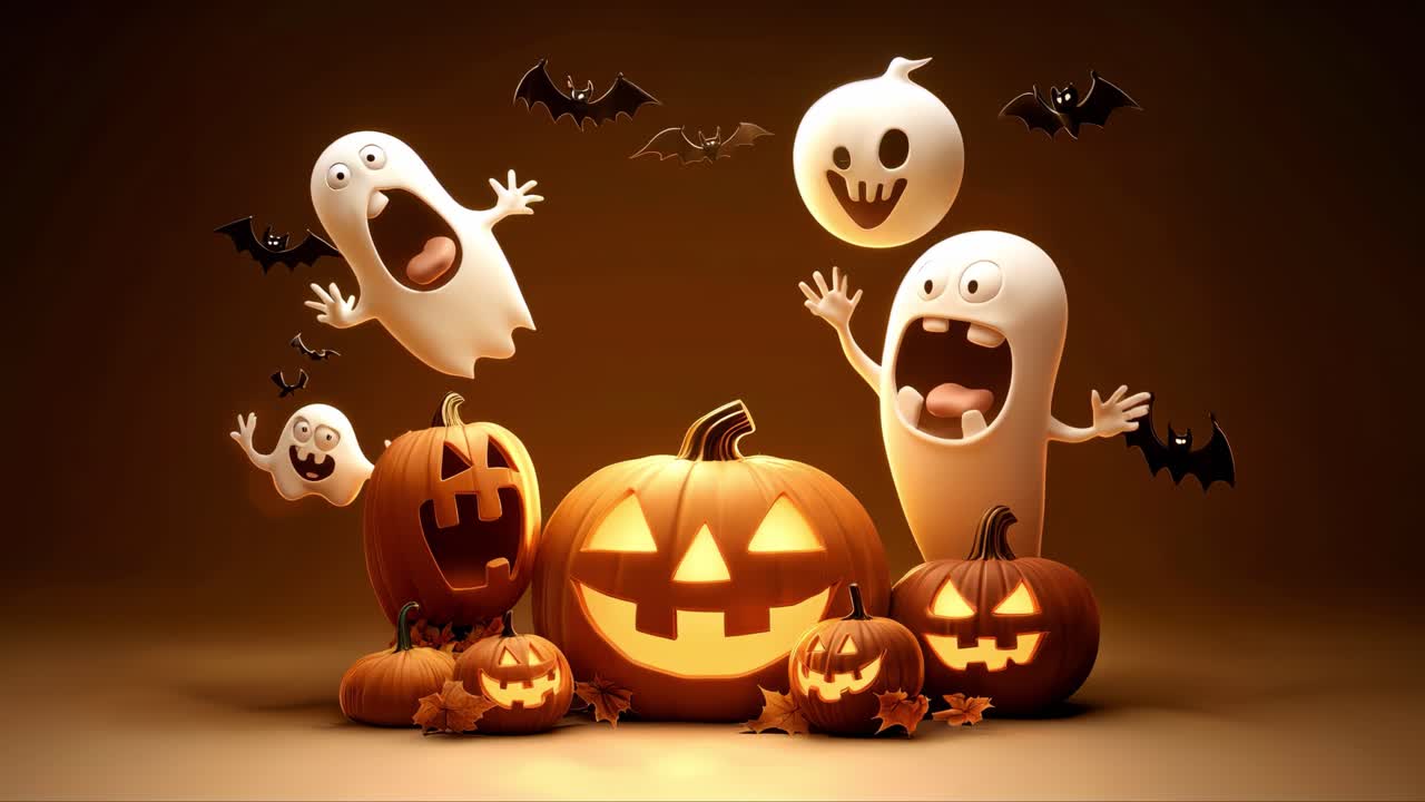 Funny ghosts and pumpkins with bats for halloween