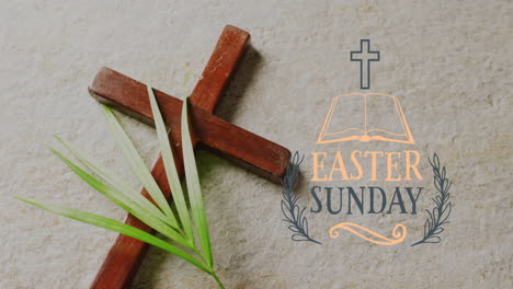animación del texto del domingo de pascua sobre cruz y hoja de palma sobre fondo gris