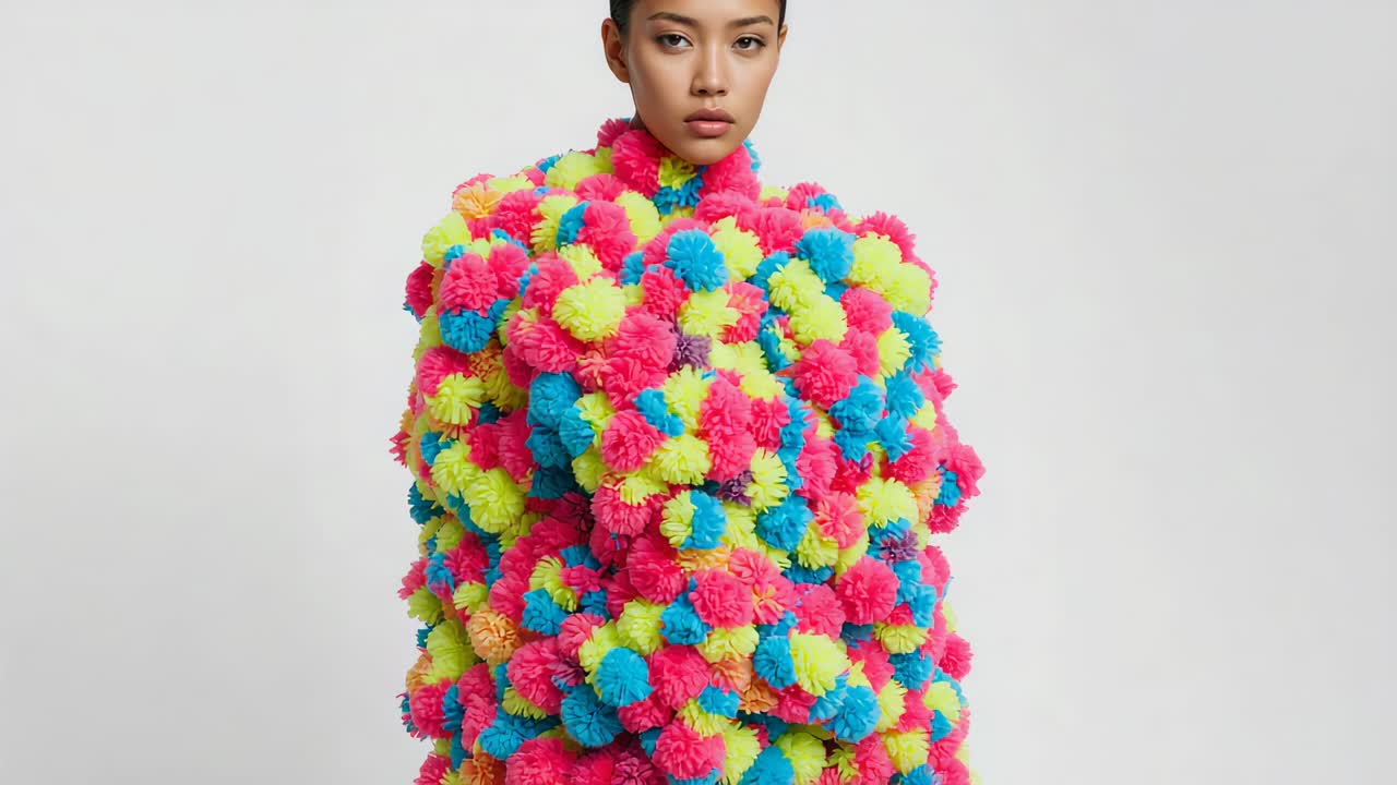 Afastando a câmera, revelando modelo asiática em estúdio, exibindo casaco neon de pompom