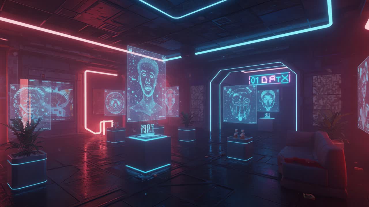 Futuristic Digital Gallery Featuring Neon Art and Interactive Displays in a Dark Cyberpunk Environment with Abstract Technology Themes