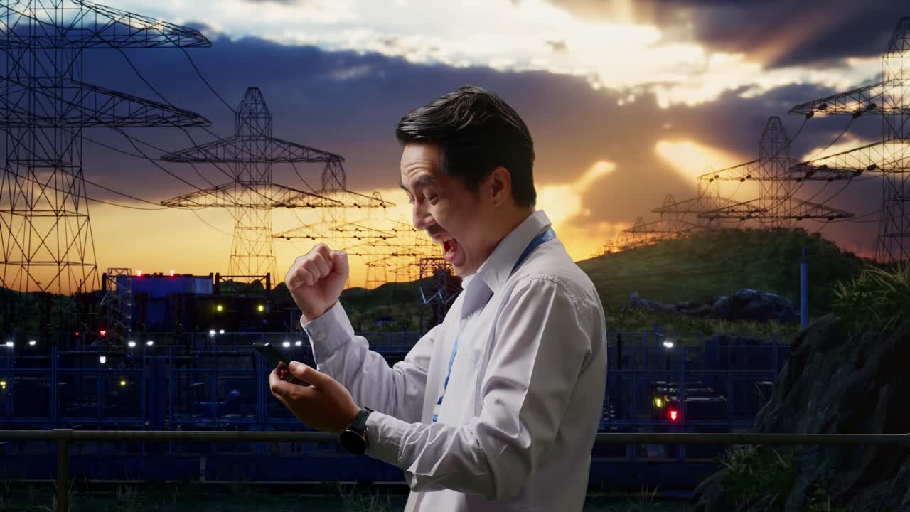 vista lateral de un trabajador profesional masculino asiático de pie con su teléfono inteligente cerca de la torre de alto voltaje, instalación industrial, levanta el puño con el objetivo de gritar después de comprobar en el teléfono inteligente