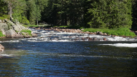 Rapids-in-the-Westfjords-valley,-sunny,-summer-day,-in-Rjukan,-Southern-Norway---Pan-view