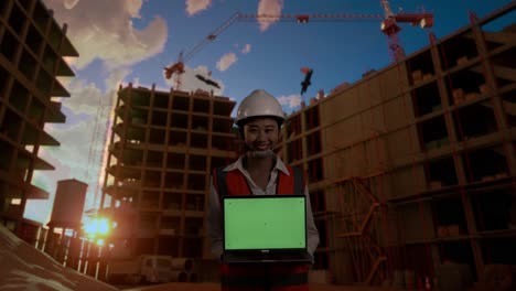 ingeniera asiática con casco de seguridad sonriendo y mostrando una tableta de pantalla verde a la cámara mientras está de pie en el sitio de construcción, durante la puesta o salida del sol