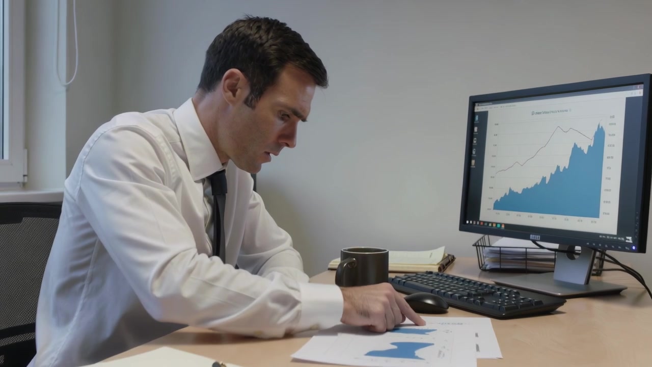 Trabajador con camisa blanca y corbata oscura reaccionando a un gráfico ascendente en el monitor, comparando gráficos de papel en el escritorio.