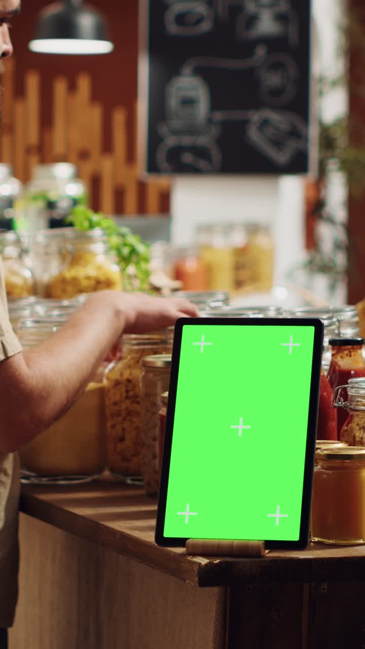 Annonce med lodret video på mockup-tablet i lokal fødevarebutik