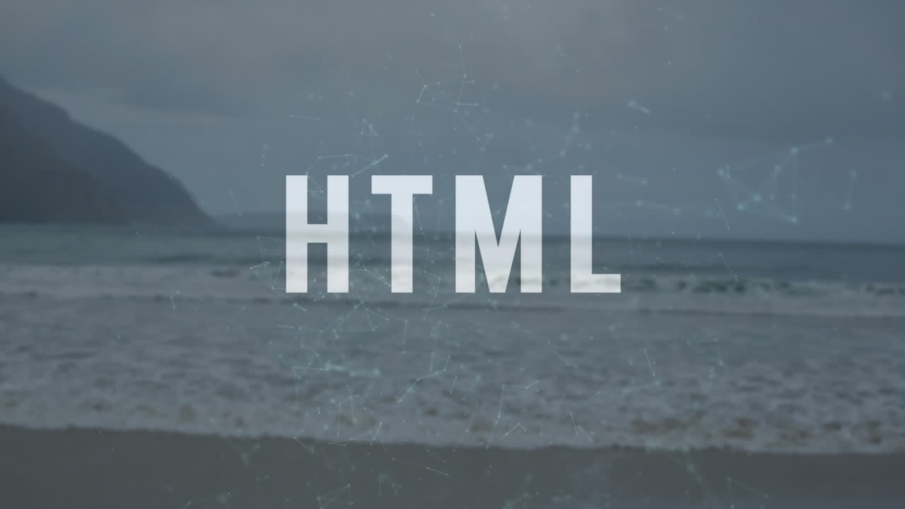 HTML text with digital network animation over ocean waves and distant mountains