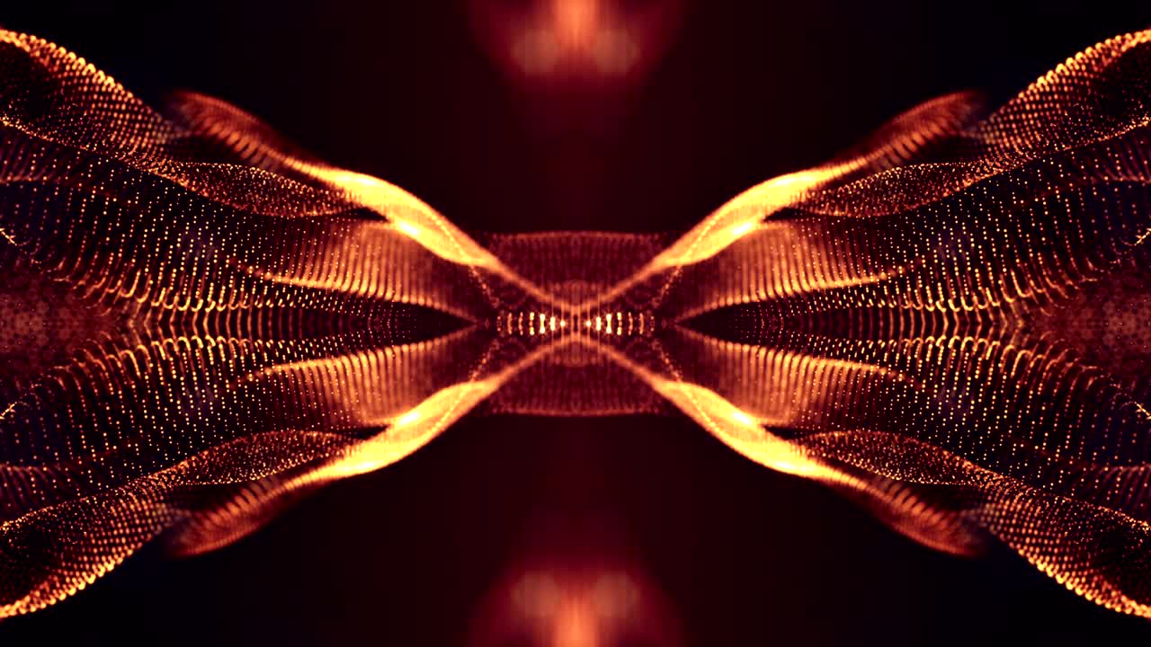 las partículas forman una línea, una cuadrícula de superficie o un misterioso espacio virtual. animación 3d sin costuras como fondo de ciencia ficción digital de partículas brillantes con profundidad de campo, bokeh. cuerdas de oro rojo 9