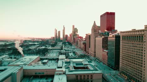 aerial of the chicago skyline on a chilly winter day, showcases the city's iconic architecture amidst the frosty atmosphere