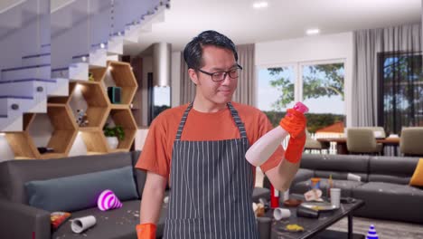 ama de llaves masculina asiática con un delantal mirando spray en la mano y luego mostrando los pulgares hacia arriba gesto a la cámara en la casa