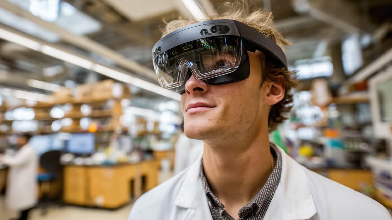 A Young Researcher Engaged in Innovative Technology Wearing Advanced Smart Glasses Inside a Modern Laboratory Environment
